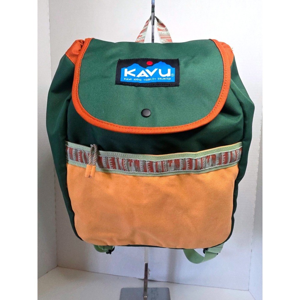 KAVU Canvas WILDER RANCH Backpack Green Orange  Drawstring Bag 15x12 RARE